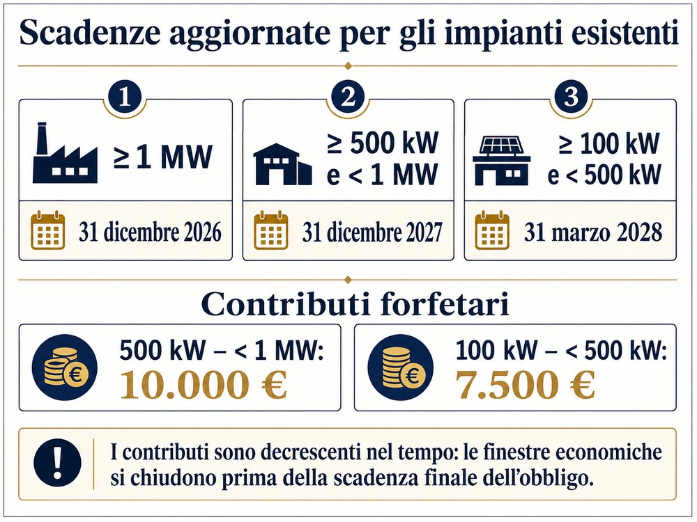 Schema delle scadenze aggiornate e dei contributi forfetari per gli impianti esistenti
